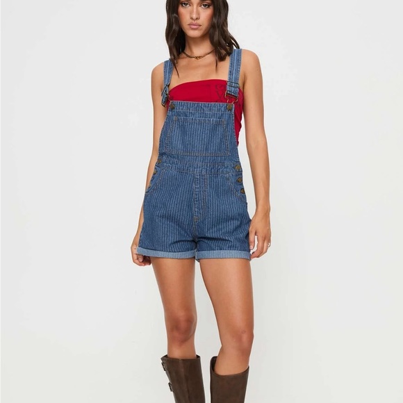 Princess Polly  Blue Denim  Kacey Overall Shorts - Picture 2 of 6